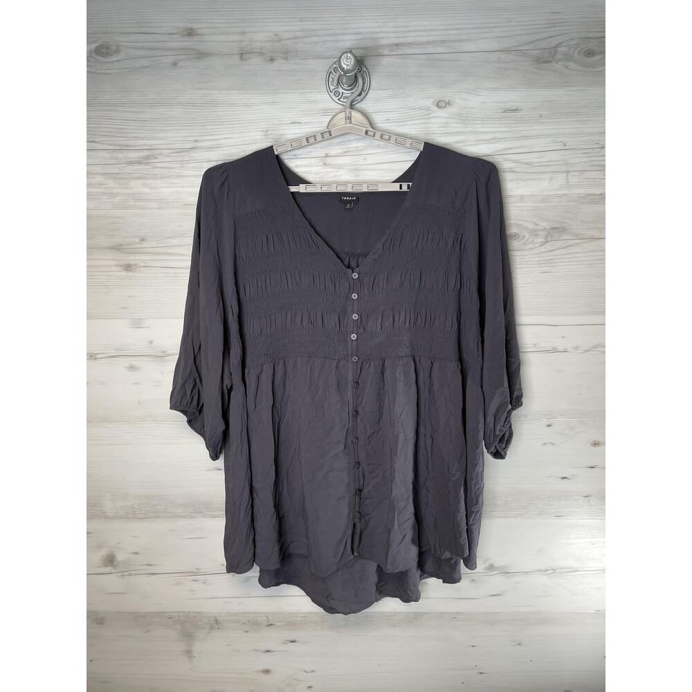 Torrid Shirt Womens 6X Gray Smocked Button Front Peasant Tunic 3/4 Sleeve Boho‎